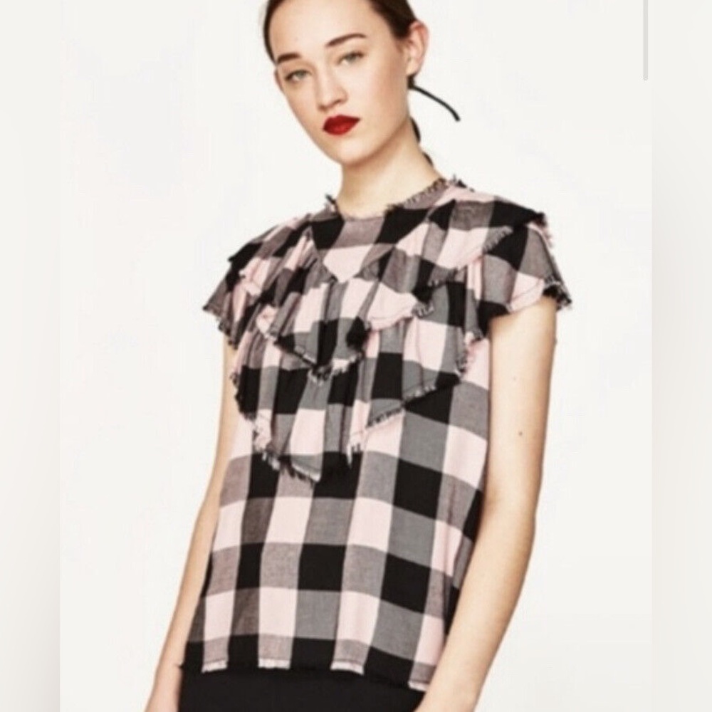 Zara S Plaid Ruffled Top